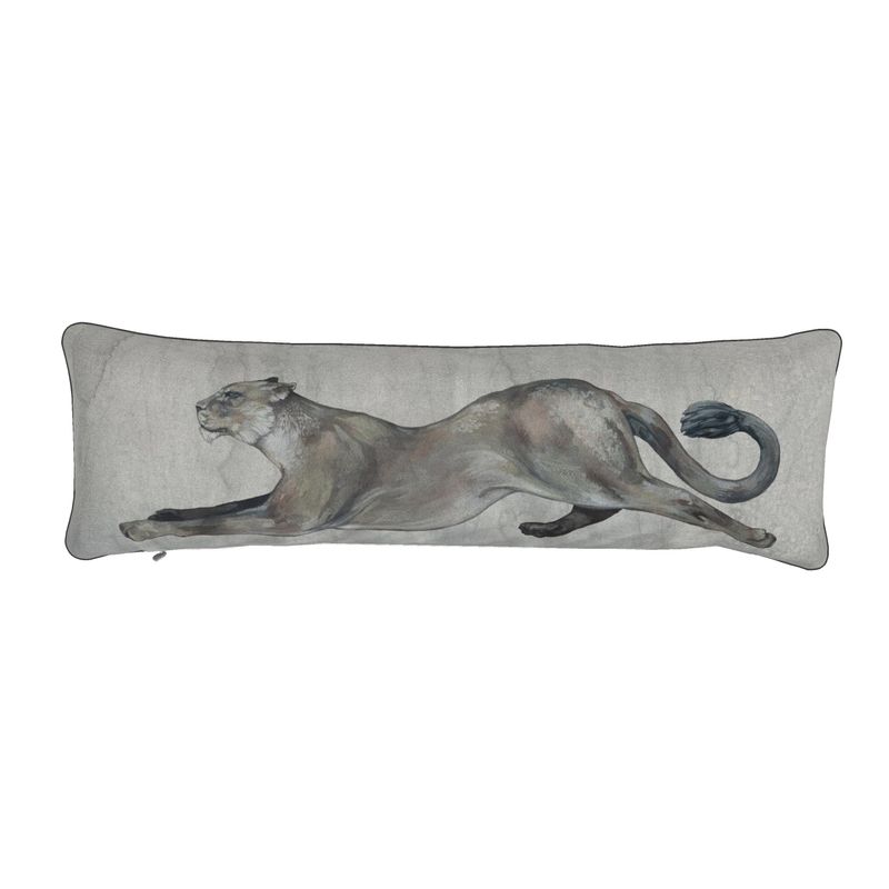 Long rectangular pillow with a Lioness design on a plain background
