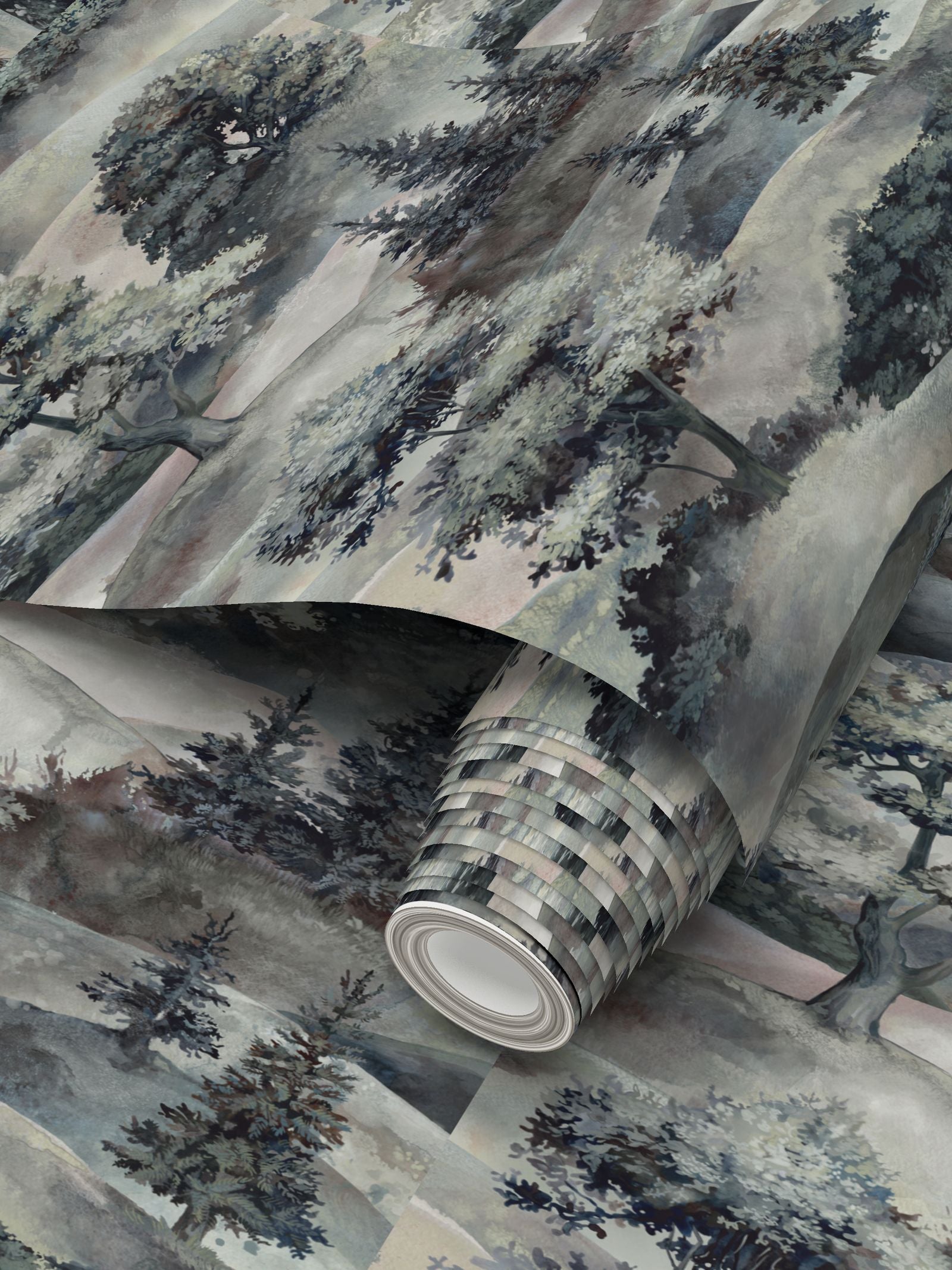 Roll of wallpaper with a nature-themed design featuring trees and landscapes.