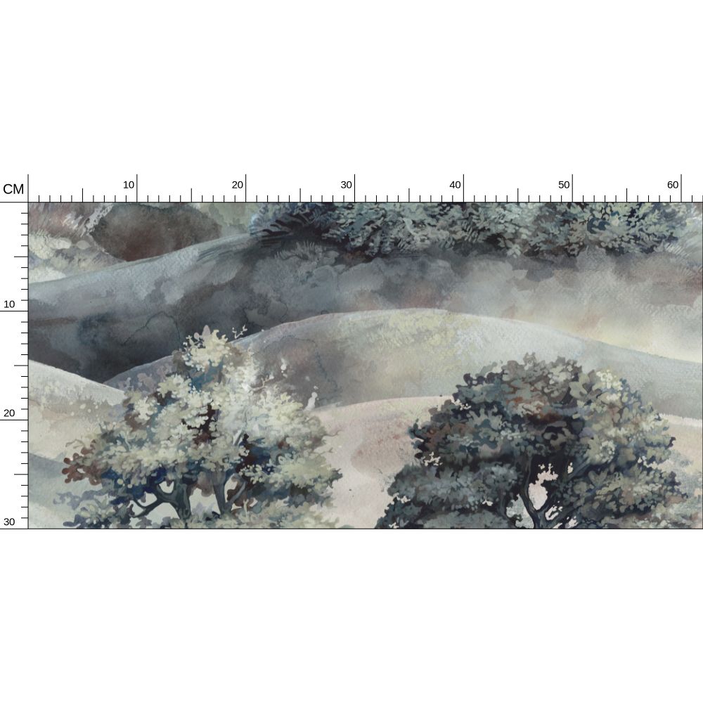 Artistic depiction of trees on a rocky landscape with a scale bar at the bottom.