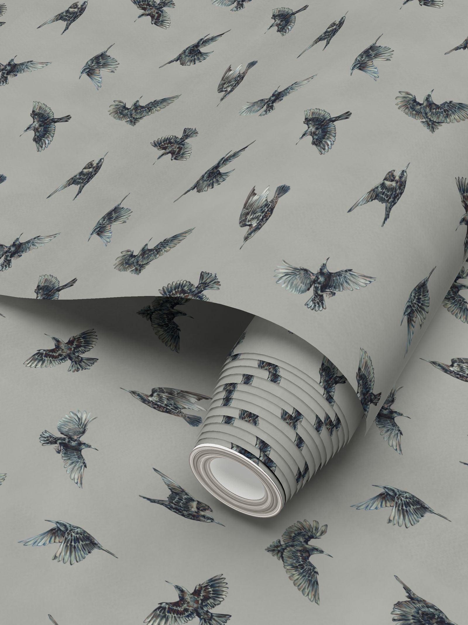 Starling Murmuration Wallpaper, Warm Grey Migratory Birds Wall Mural