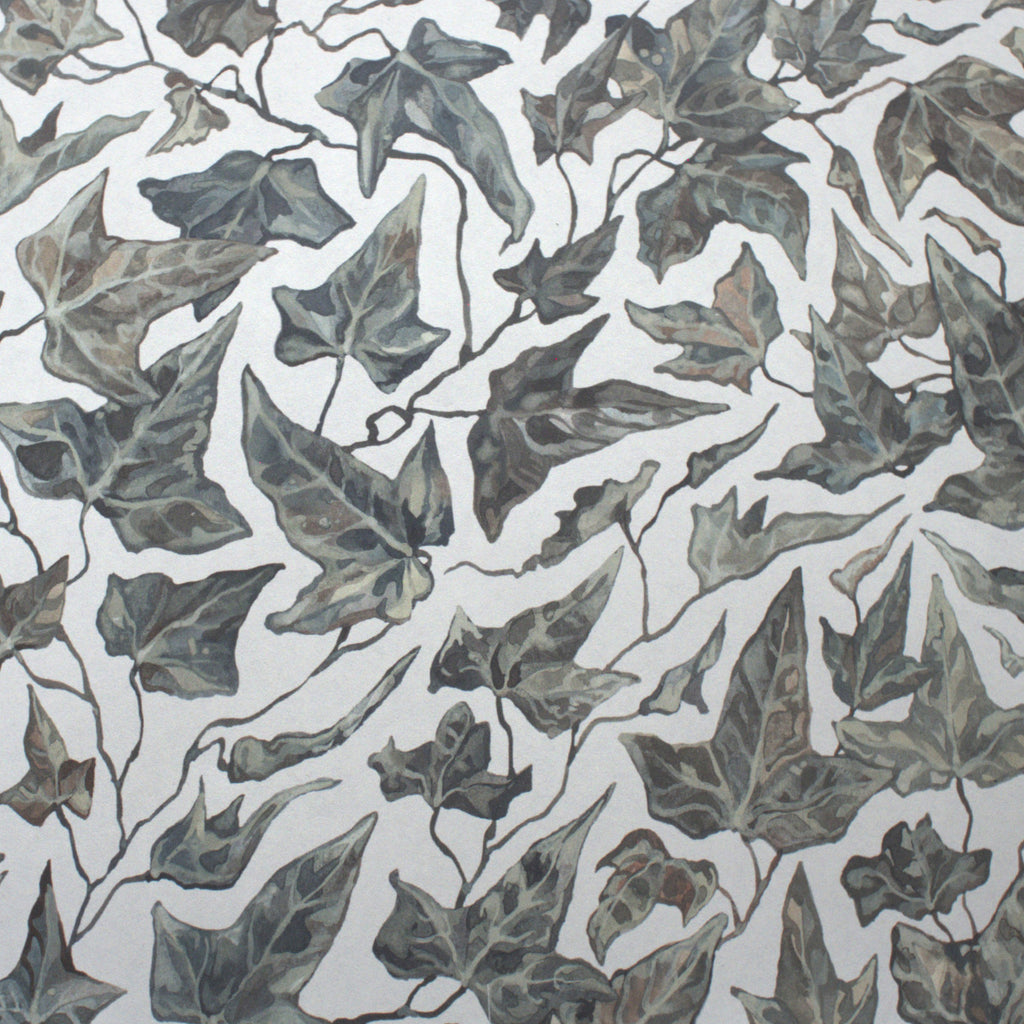 Close up of wallpaper featuring an ivy motif on a white background.