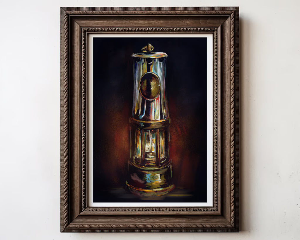 Framed painting of a vintage lantern on a white wall
