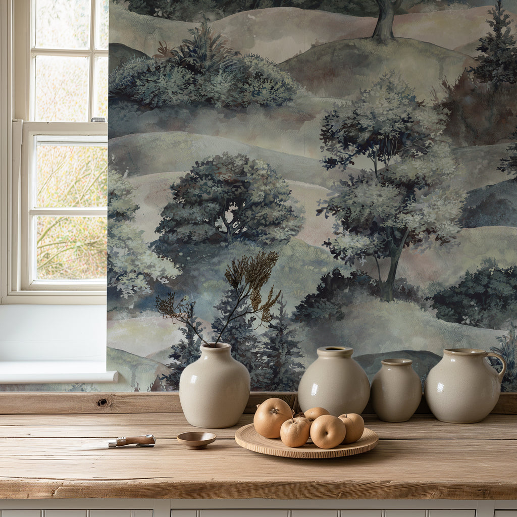 Decorative wall mural with a landscape design in a room with a window and wooden table.