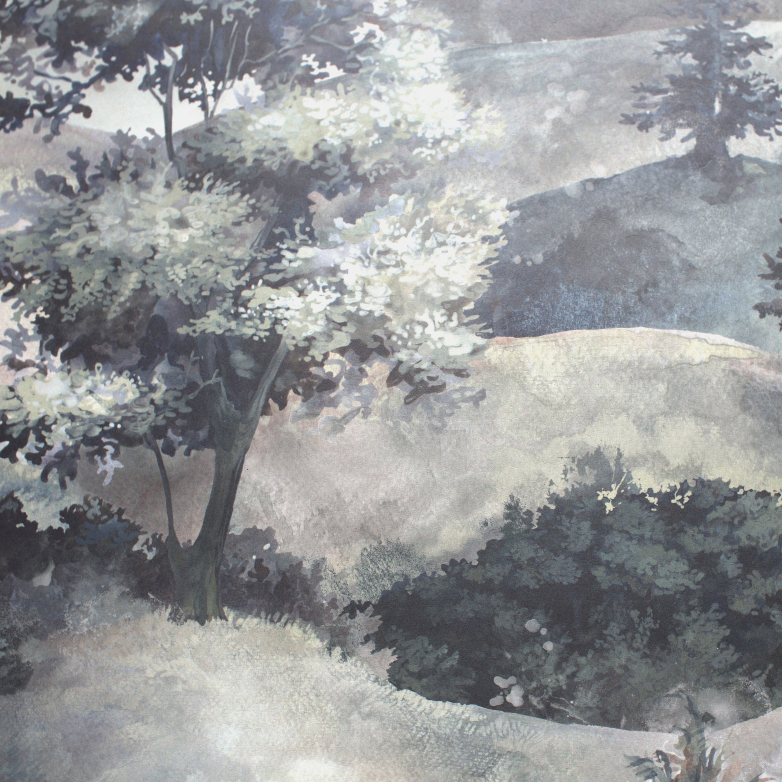 Close up of wallpaper featuring an fields and trees.