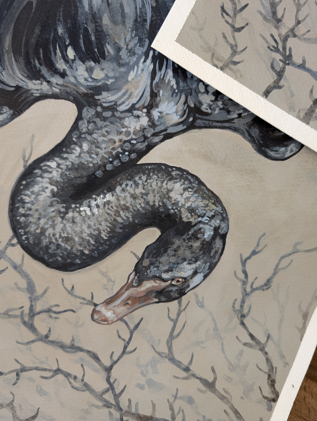 Original Painting Swan Song I, Flying Black Swan, Romantic Gothic Wall Art, A2 Illustration