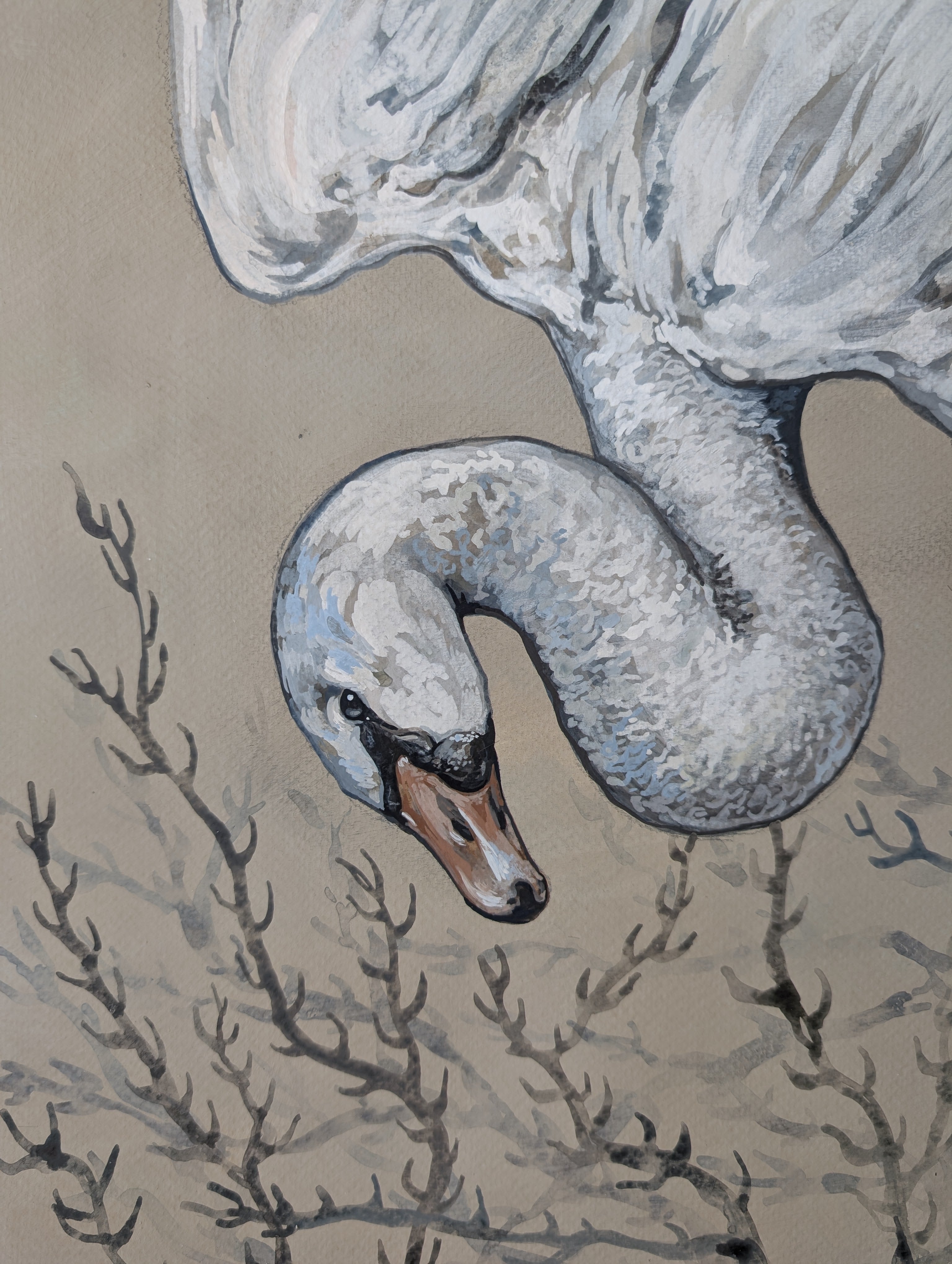 Original Painting Swan Song II, Flying Mute White Swan, Romantic Gothic Wall Art, A2 Illustration