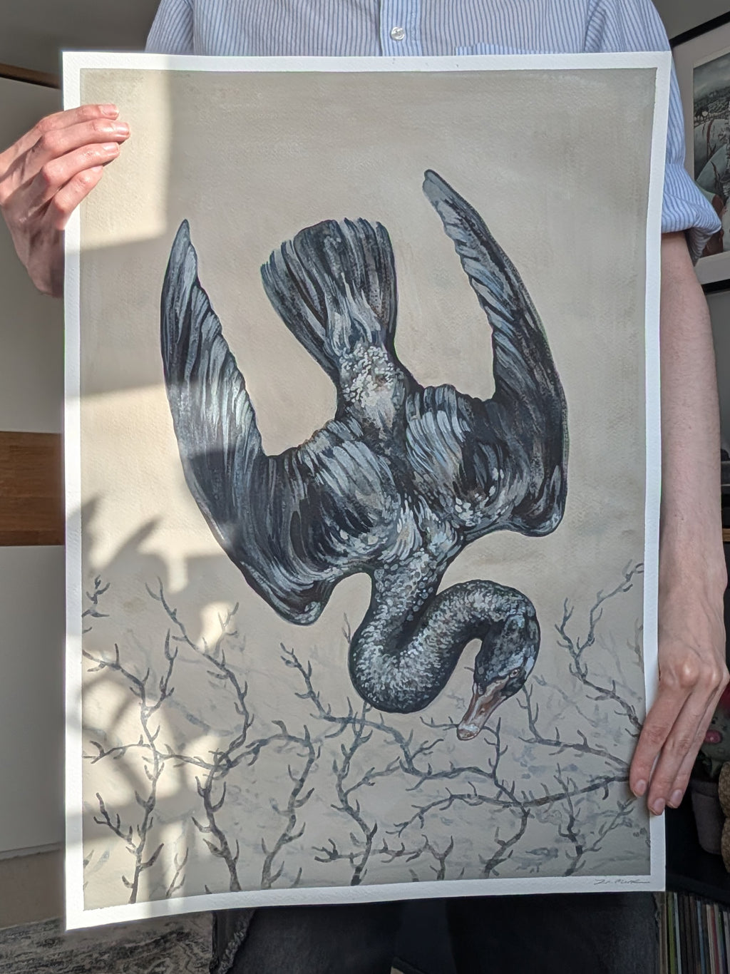 Original Painting Swan Song I, Flying Black Swan, Romantic Gothic Wall Art, A2 Illustration