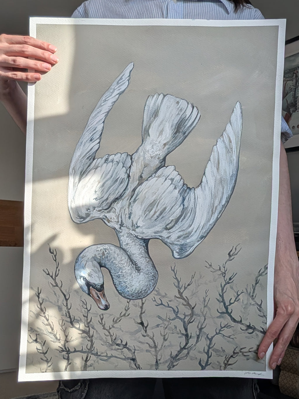 Original Painting Swan Song II, Flying Mute White Swan, Romantic Gothic Wall Art, A2 Illustration