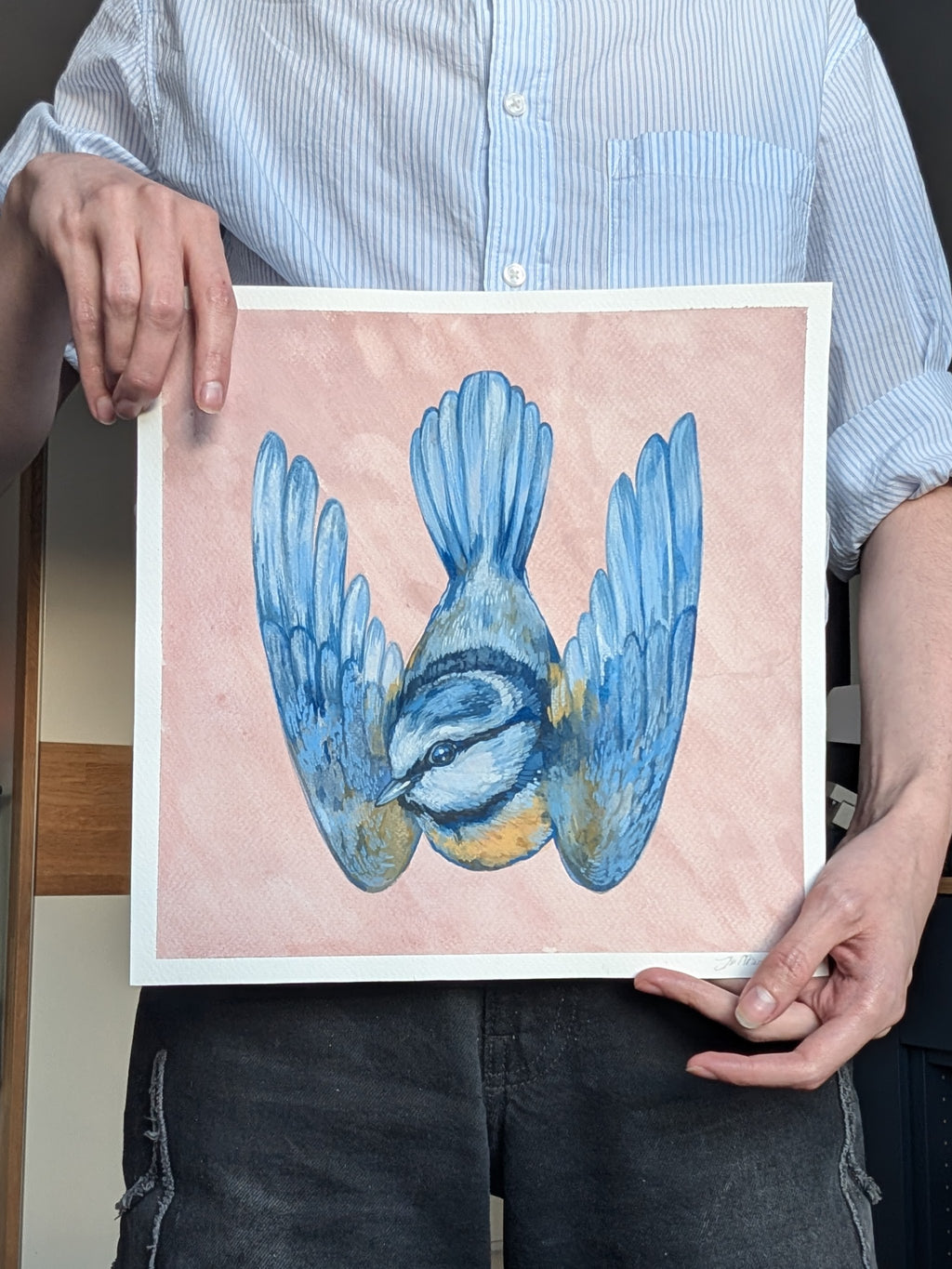 Original Painting Blue Tit, British Birds Artwork, Pastel Nature Wall Art, 11.5x11.5 Illustration
