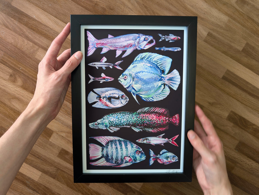 Amazon River Fish Illustration, Blue Aquatic Wildlife Wall Art, South American Amazonian Animals, A4 Print