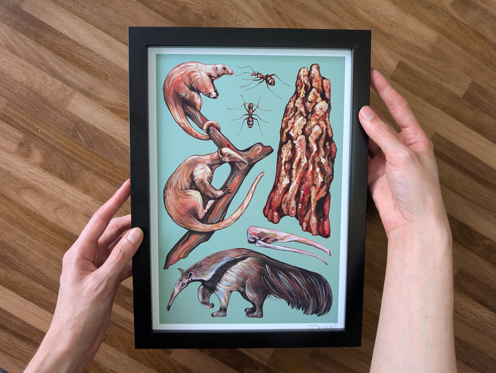 Anteater Species Illustration, Tamandua Silky Anteater Painting, Green Wildlife Nature Picture, Acrylic Gouache, A4 Print