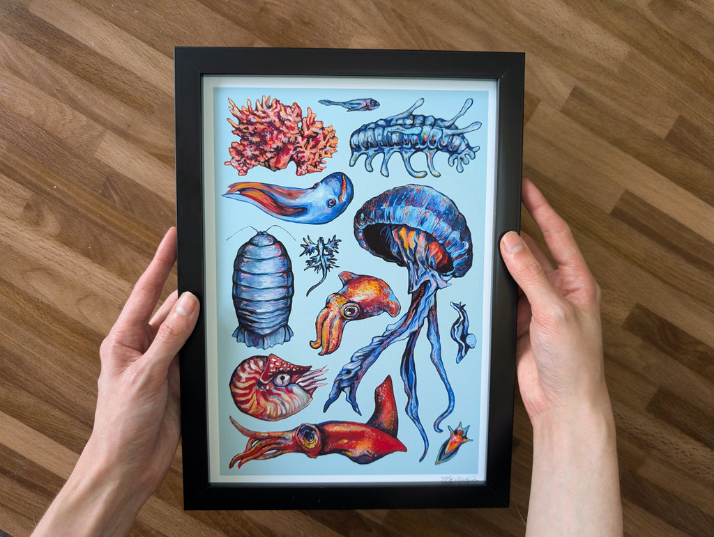 Deep Sea Creature Illustration, Marine Ocean Fish Seapunk Painting, Pastel Blue Wall Art, Acrylic Gouache, A4 Print
