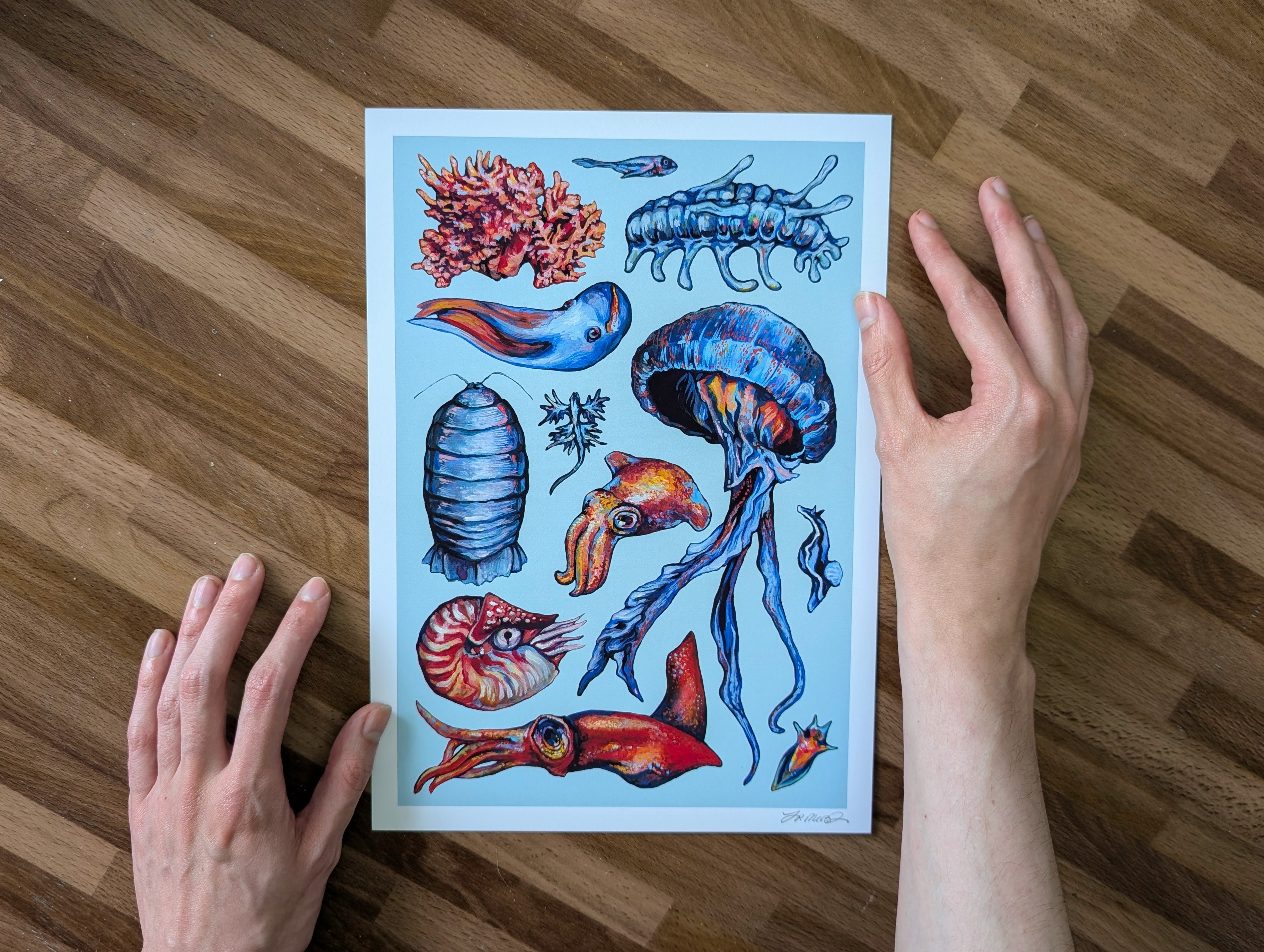 Deep Sea Creature Illustration, Marine Ocean Fish Seapunk Painting, Pastel Blue Wall Art, Acrylic Gouache, A4 Print