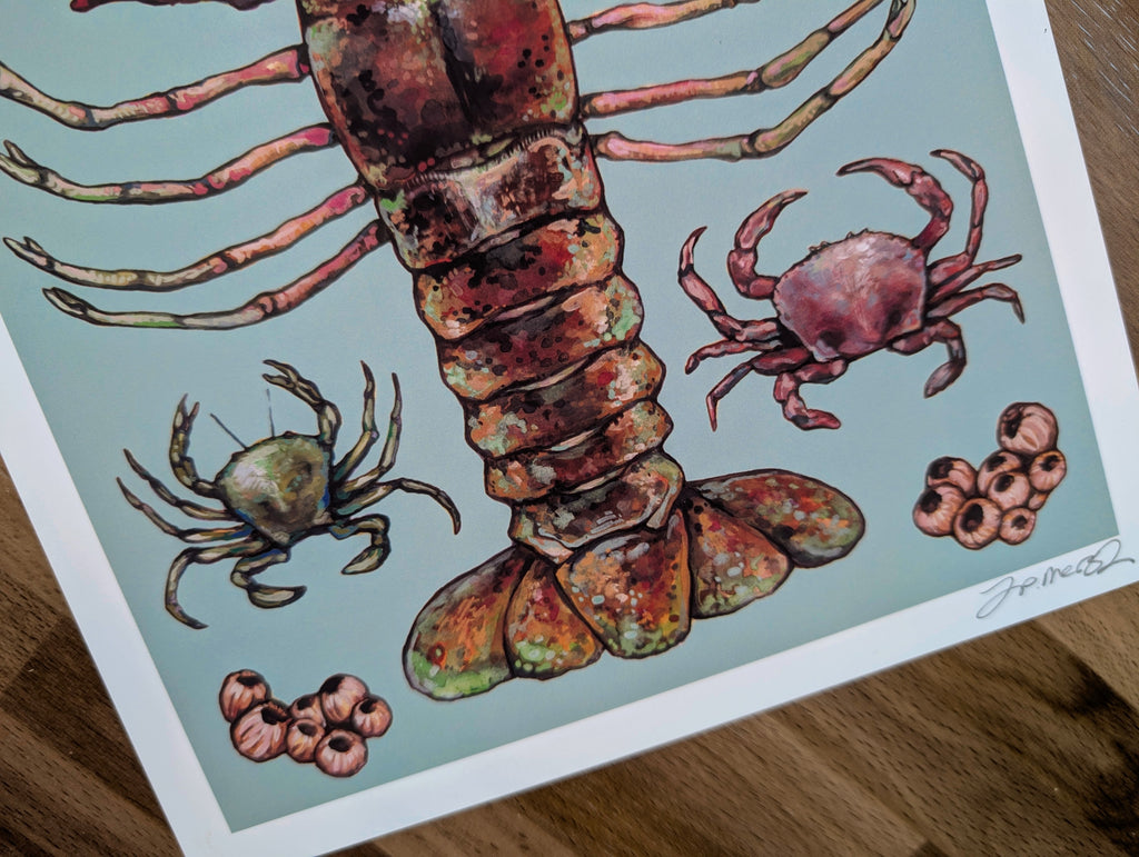 British Crustaceans Illustration, UK Lobster Crab Shrimp Seafood Painting, Coastal Seaside Décor, A4 Print