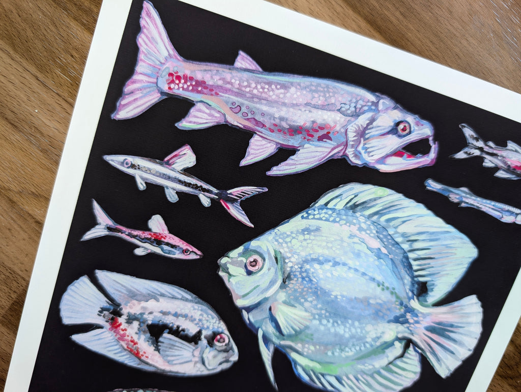 Amazon River Fish Illustration, Blue Aquatic Wildlife Wall Art, South American Amazonian Animals, A4 Print