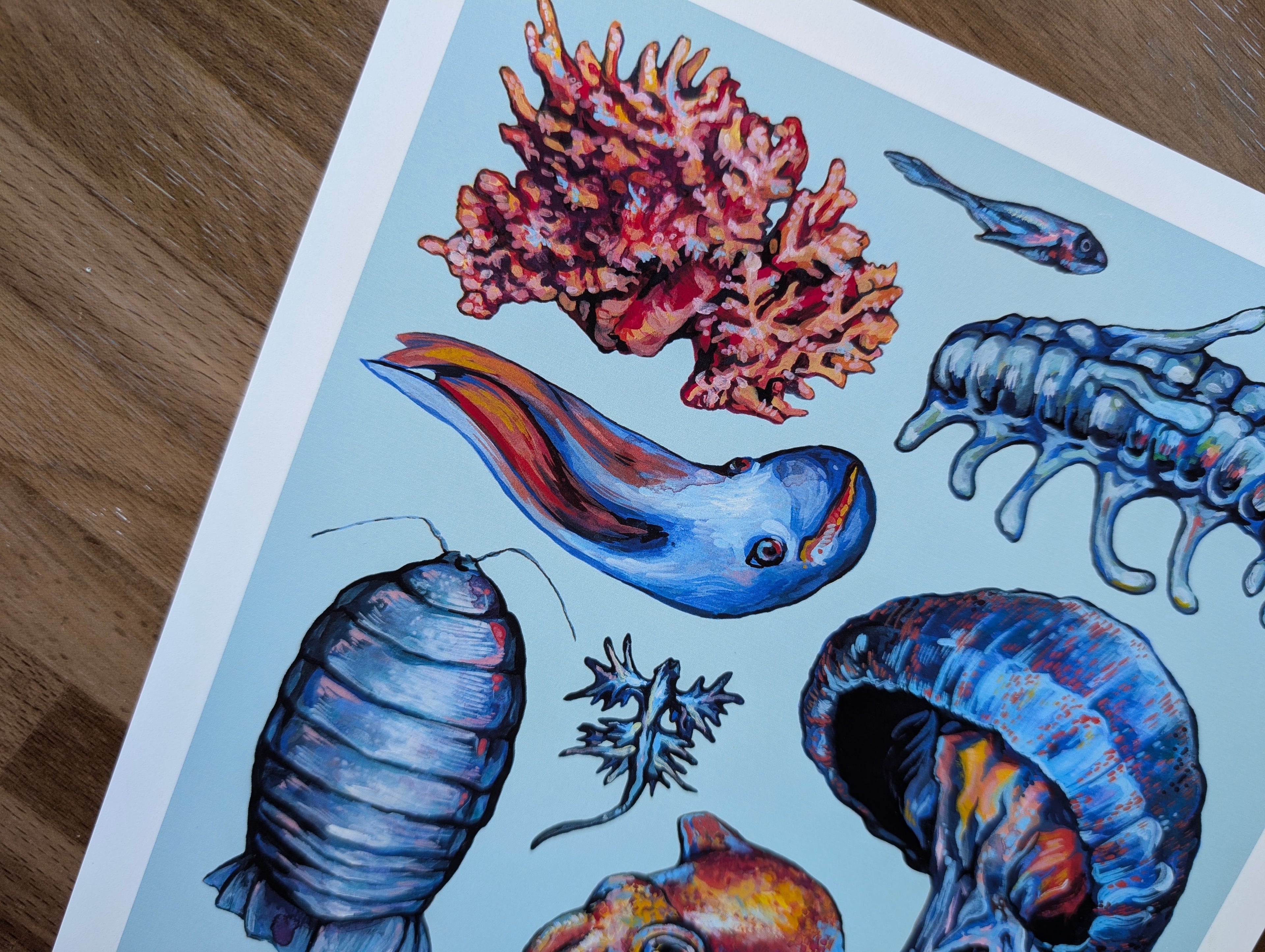 Deep Sea Creature Illustration, Marine Ocean Fish Seapunk Painting, Pastel Blue Wall Art, Acrylic Gouache, A4 Print