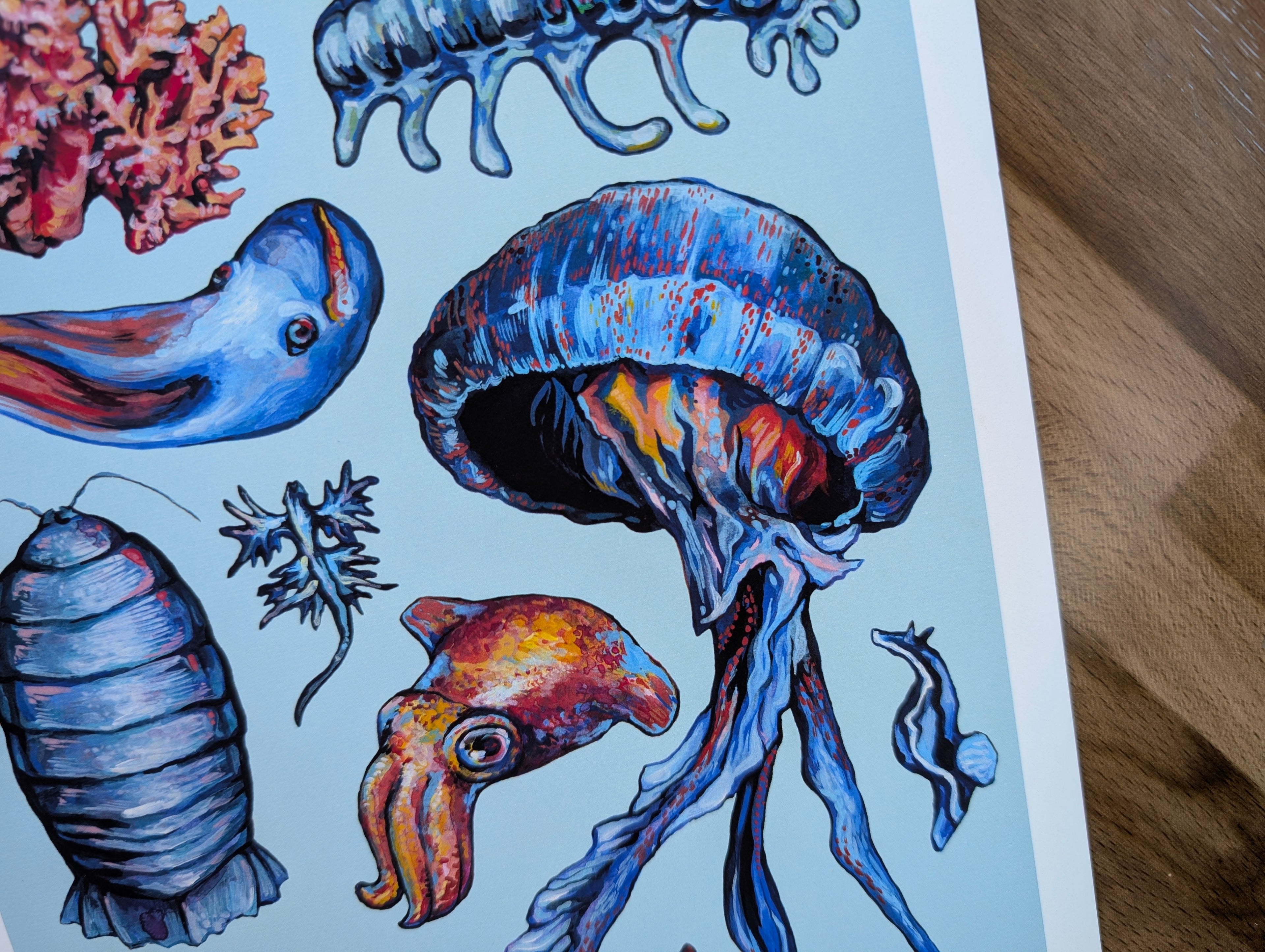Deep Sea Creature Illustration, Marine Ocean Fish Seapunk Painting, Pastel Blue Wall Art, Acrylic Gouache, A4 Print