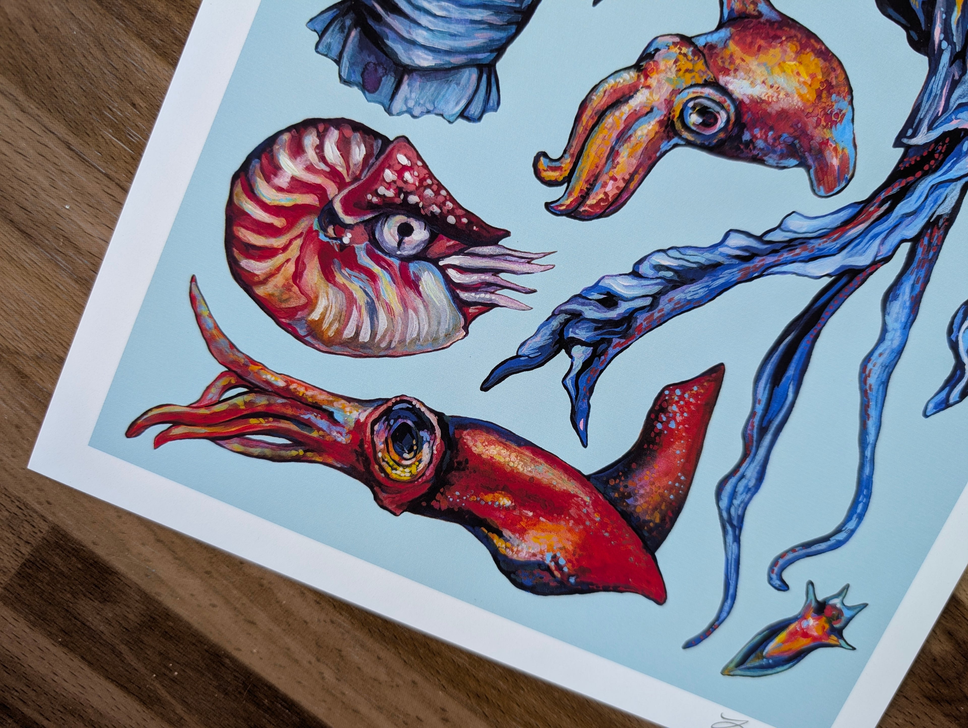 Deep Sea Creature Illustration, Marine Ocean Fish Seapunk Painting, Pastel Blue Wall Art, Acrylic Gouache, A4 Print