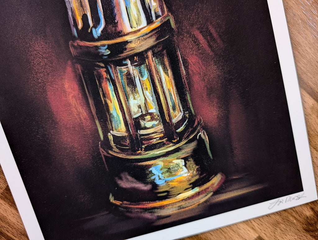 Miner's Lamp Oil Painting Illustration, Coal Mine Gas Lamp, North East Industrial Heritage Wall Art, A4 Print