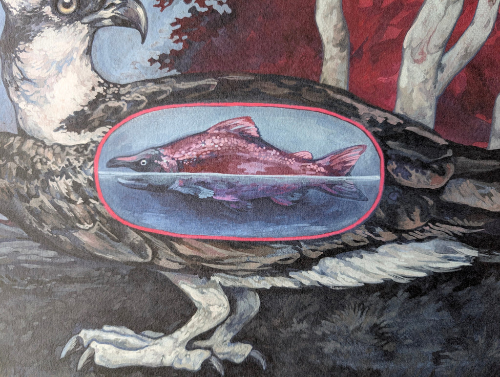 Osprey & Salmon Illustration, Bird of Prey Artwork, A3 Print