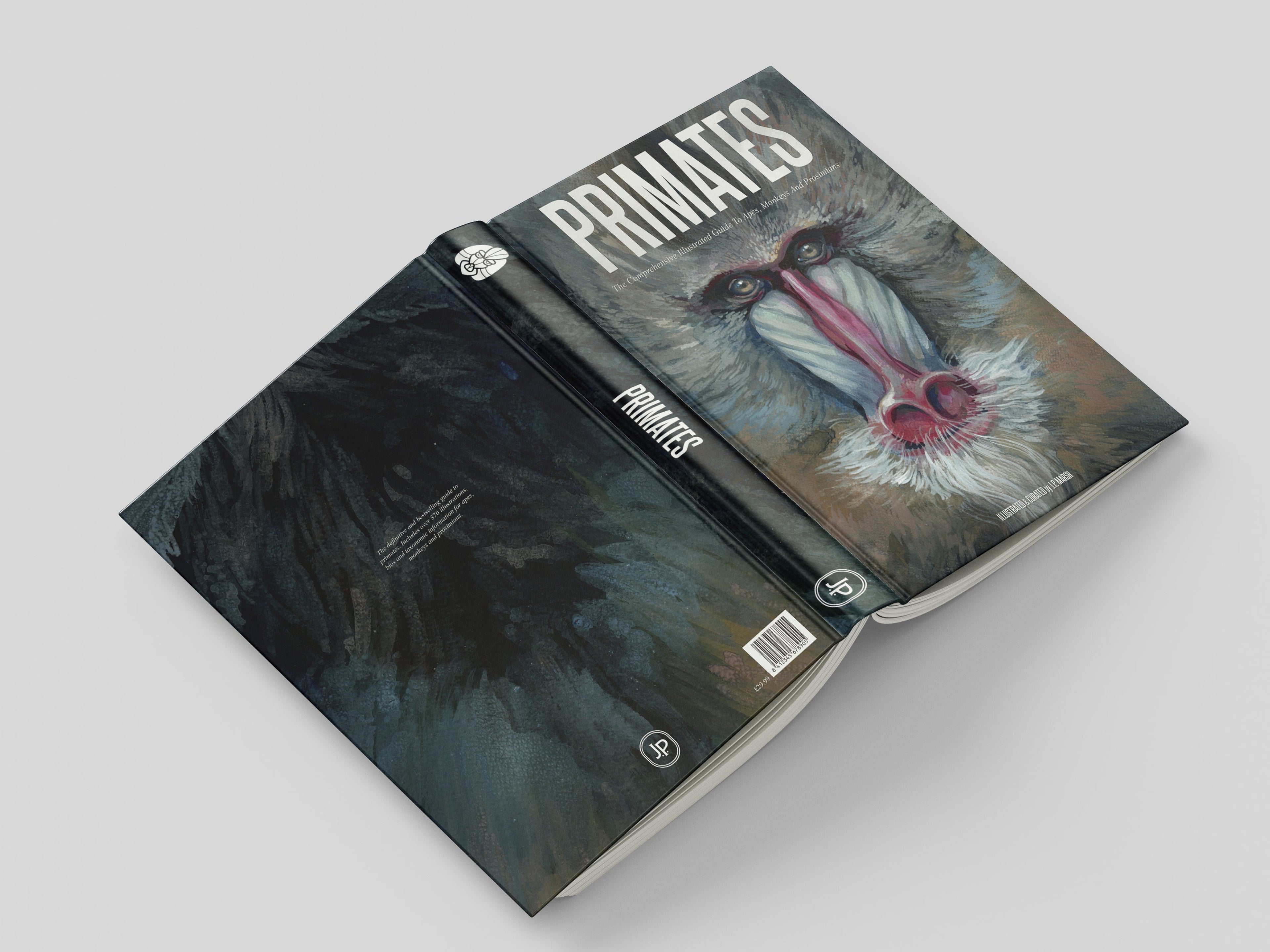 Book titled 'Primates' with a cover featuring an animal illustration on a gray background