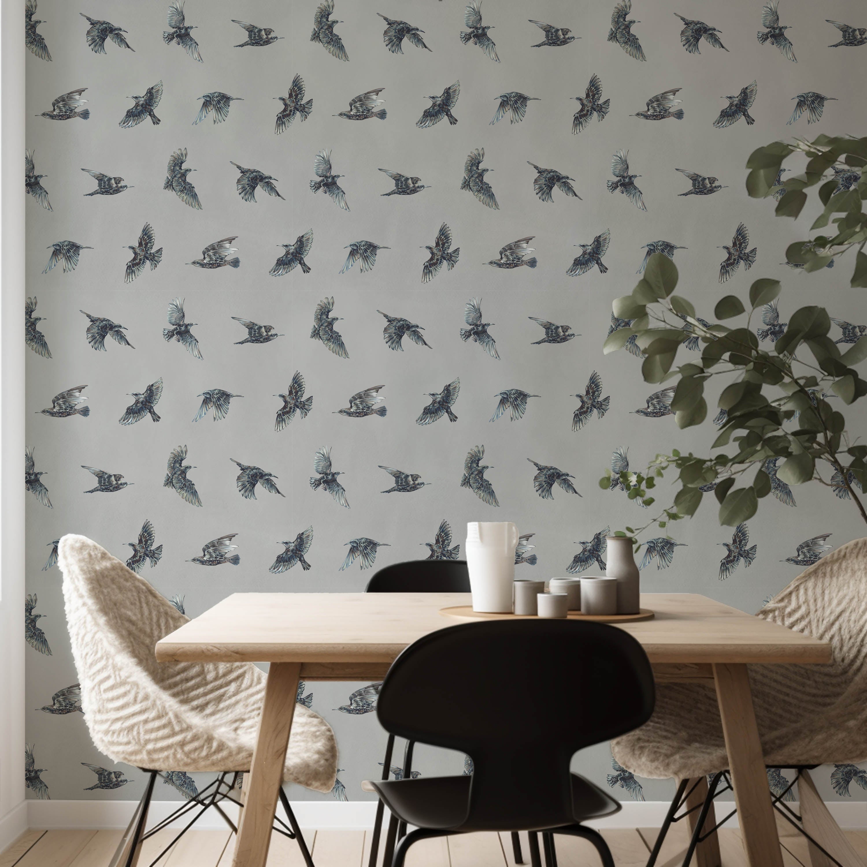 Starling Murmuration Wallpaper, Warm Grey Migratory Birds Wall Mural